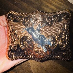 Western Rodeo Bull Rider Belt Buckle - Rose Gold and Silver
